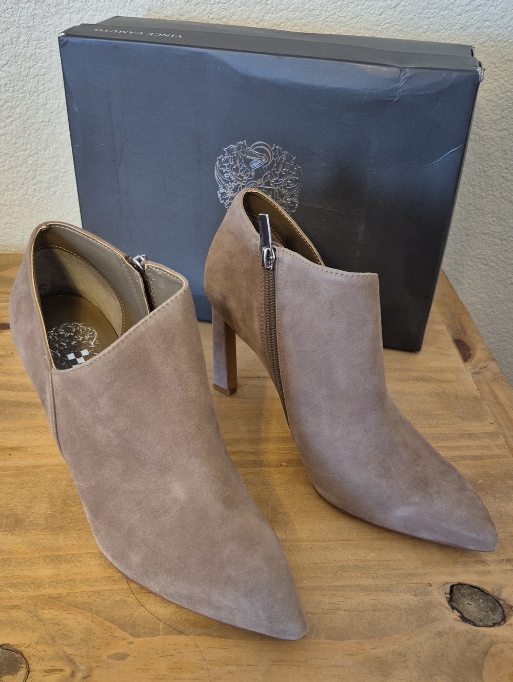 Women’s Taupe Suede Pointed Toe Ankle Boots with Side Zip